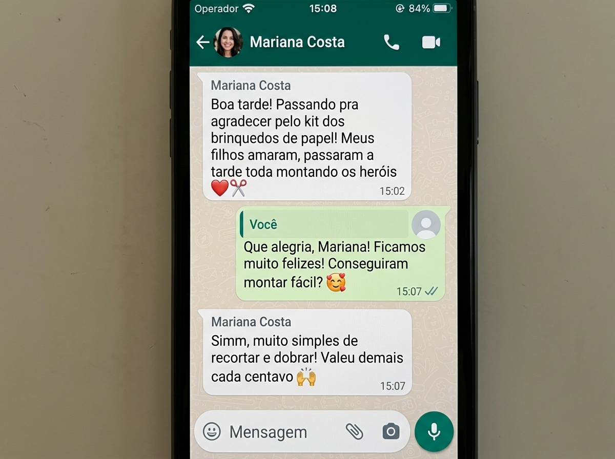 Mensagem no WhatsApp da Mariana Costa elogiando o kit de brinquedos de papel
