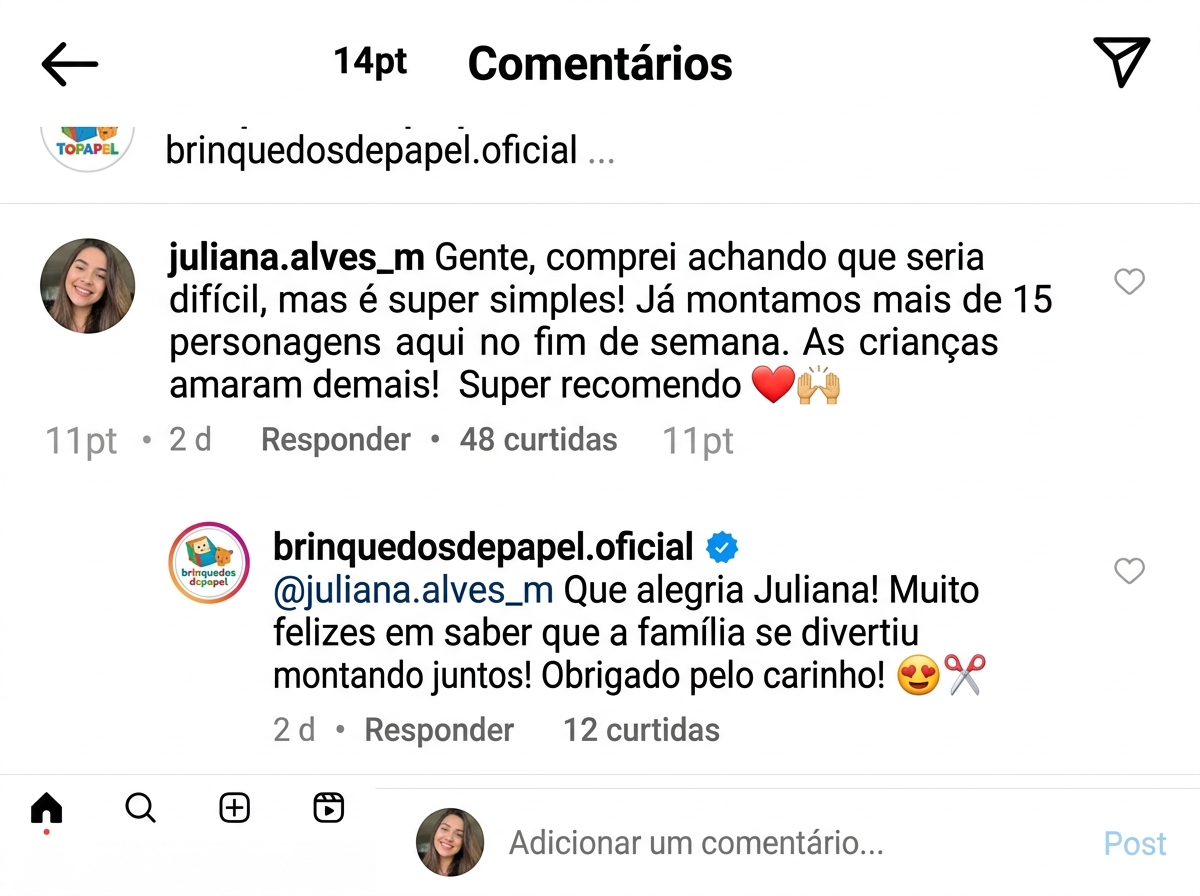 Comentário real no Instagram destacando a facilidade e qualidade dos moldes
