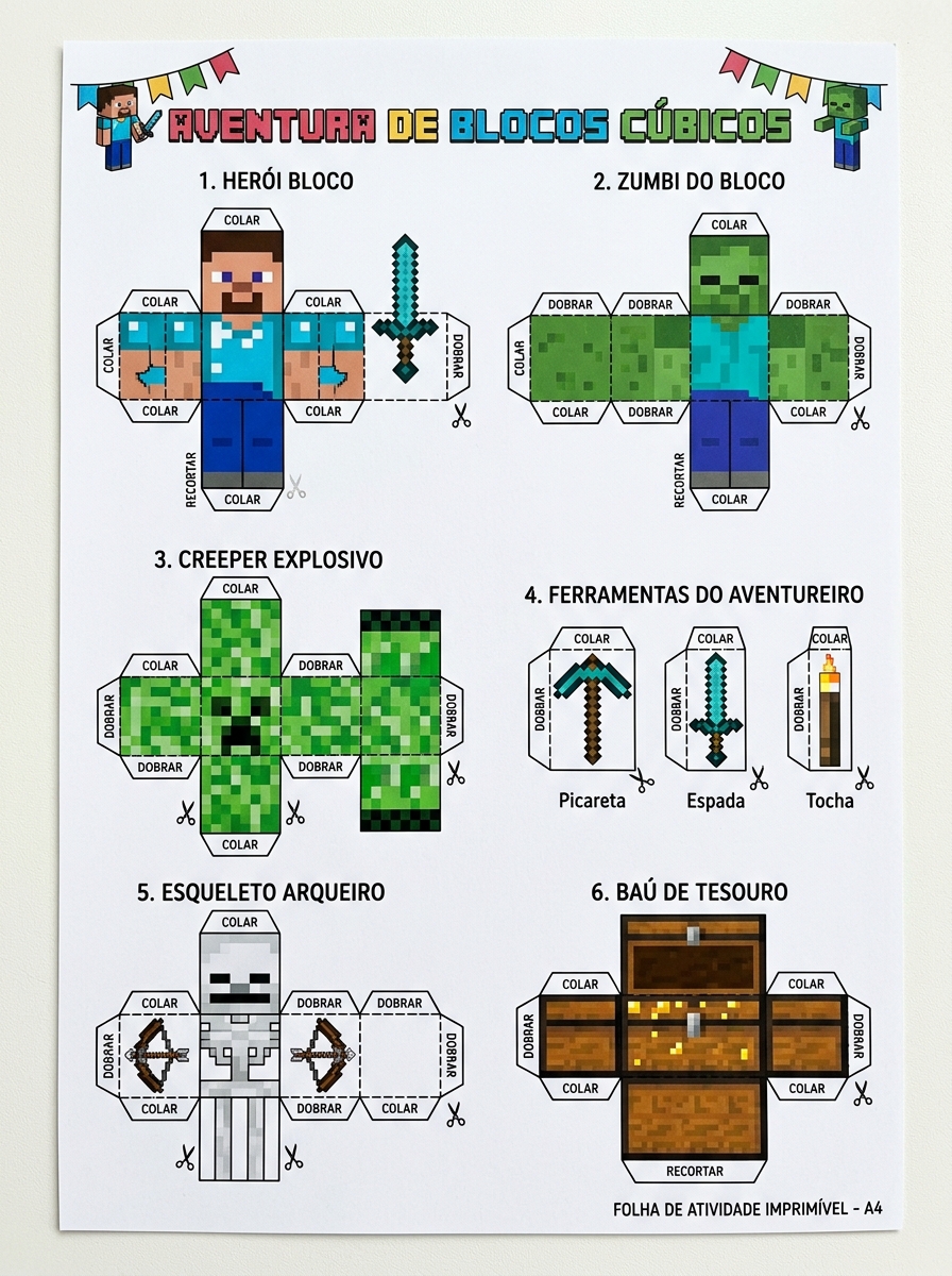 Aventura de blocos cúbicos estilo pixel para montar em papel