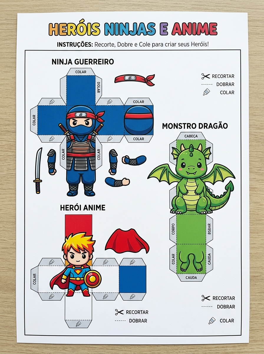 Heróis ninjas e guerreiros de anime em brinquedos de papel