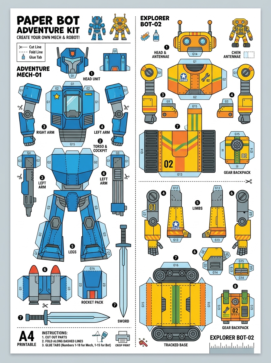 Robôs coloridos e mechs articulados de papel